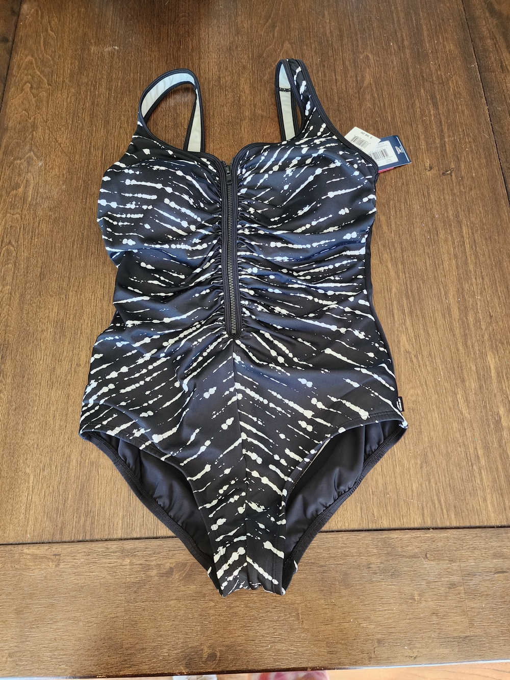 Reebok Women's Black & White Sport  Front Zipper One-Piece Swimsuit